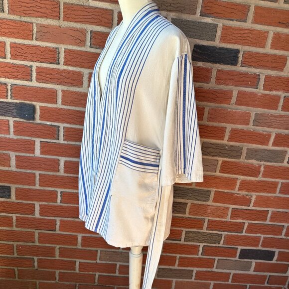 Home & Loft Ivory & Blue Short Bathrobe - Small - Premium Turkish Cotton - Picture 4 of 4